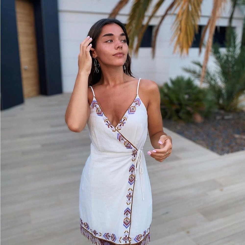 Zara White and Purple Beaded Mini Dress
